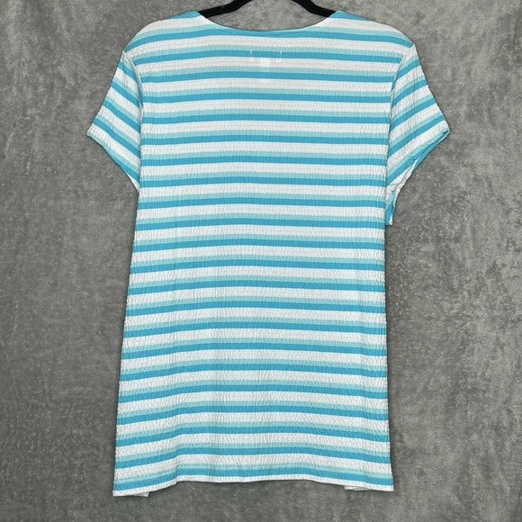 D&Co Denim & Co XL Shirt Top Blue Striped Short Sleeve V Neck Cotton Stretch - Picture 4 of 6